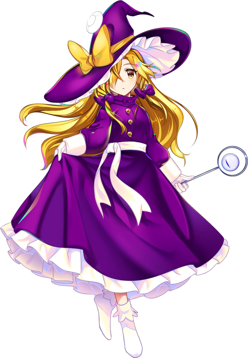 1girl, blonde_hair, bow, breasts, capelet, crescent, crescent_hat_ornament, dress