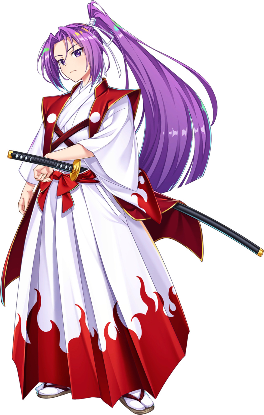 1girl, closed_mouth, frown, full_body, game_asset, hair_ribbon, hakama, highres, japanese_clothes, kataginu, katana, long_hair, long_sleeves, looking_at_viewer, meira_(touhou), official_art, open_clothes, open_vest, ponytail, purple_hair, red_vest, ribbon, rotte_(1109), samurai, sheath, sheathed, simple_background, solo, sword, third-party_source, touhou, touhou_(pc-98), touhou_lostword, transparent_background, very_long_hair, vest, violet_eyes, weapon, white_hakama, white_ribbon, wide_sleeves