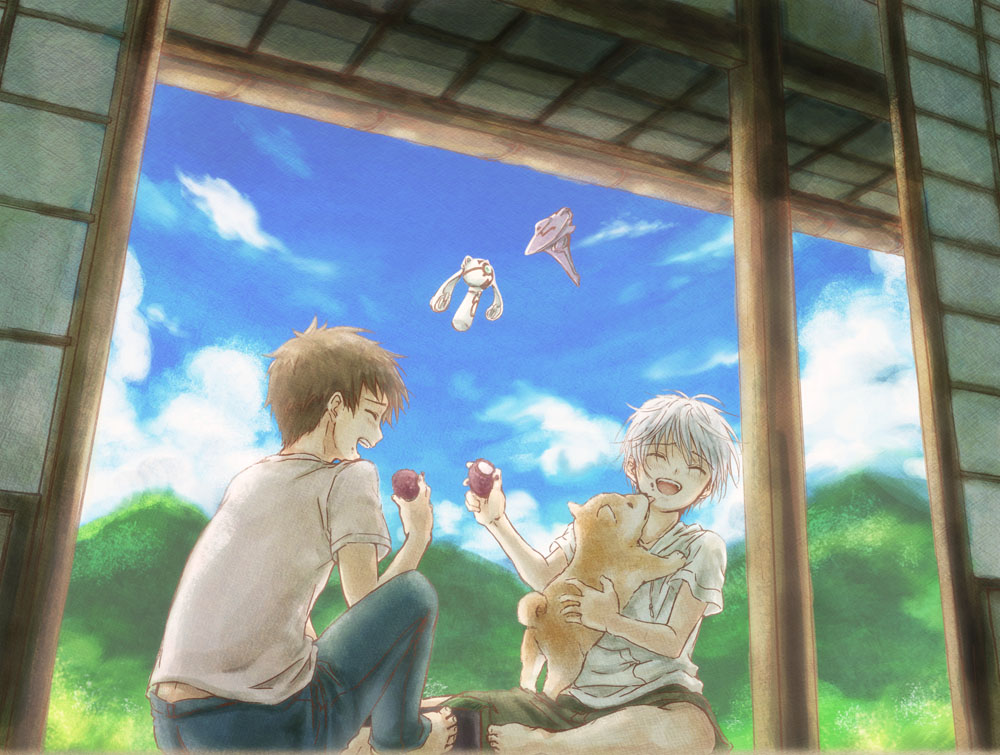 brown_hair, closed_eyes, cloud, dog, eating, eyes_closed, happy, kamisama_dolls