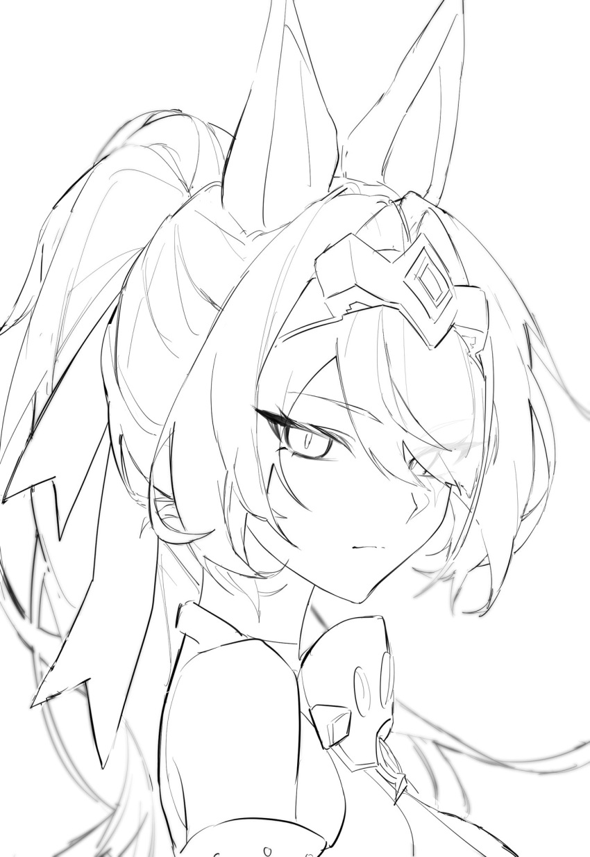 1girl, animal_ears, commentary_request, greyscale, hair_over_one_eye, hairband, highres, horse_ears