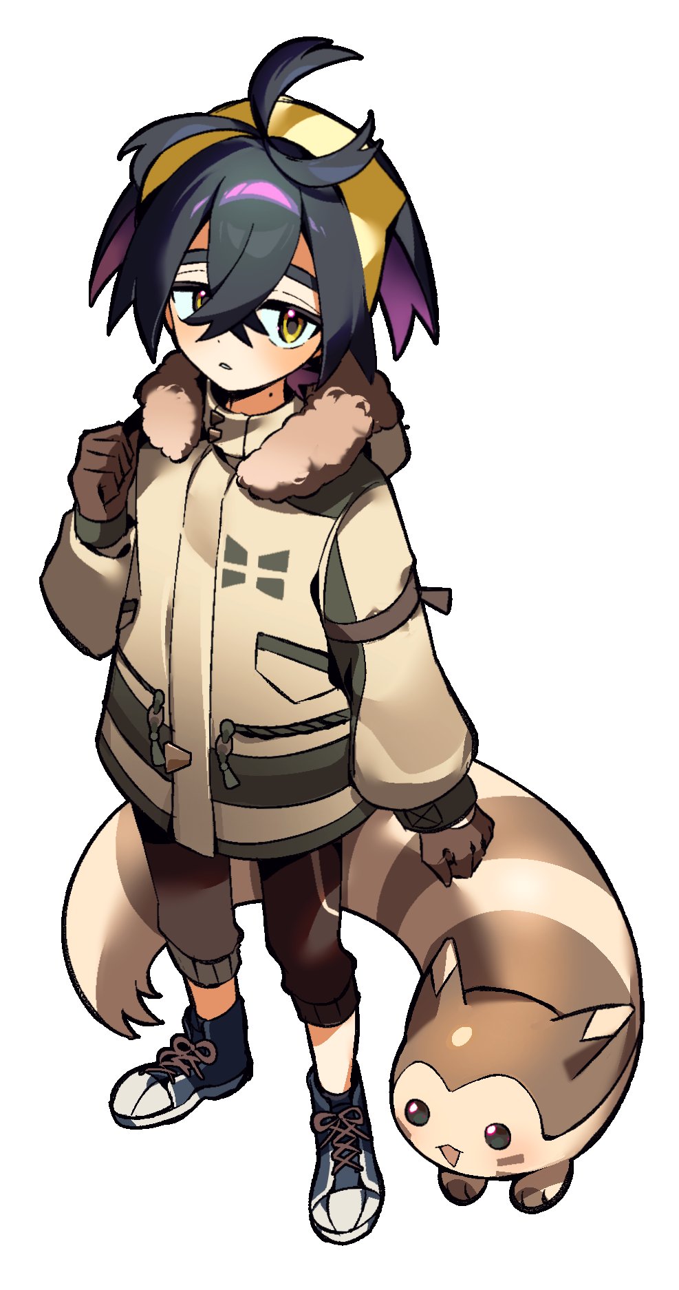 1boy, black_hair, blush, brown_gloves, brown_jacket, brown_pants, ebi_(shrimp_eleven), fur-trimmed_collar