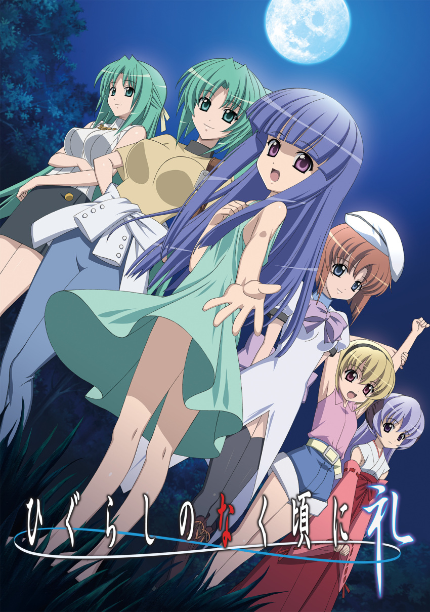 6+girls, :d, abe_tomoyuki, anime_coloring, armpits, arms_behind_back, arms_up, back_bow