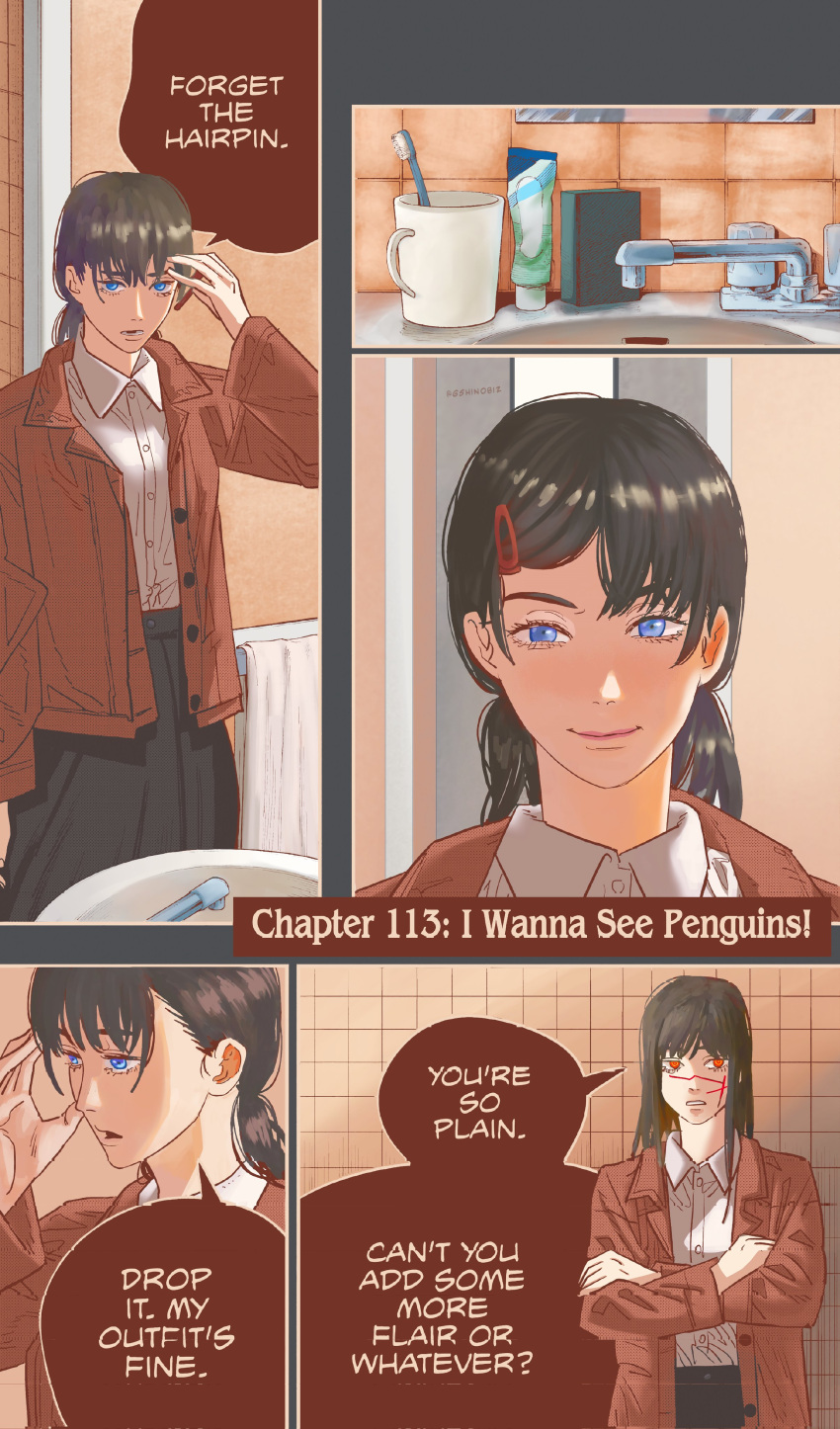 absurdres, bathroom, black_skirt, blue_eyes, brown_jacket, chainsaw_man, commentary, crossed_arms, english_commentary, gshinobiz, hair_ornament, hairpin, highres, jacket, looking_at_mirror, mirror, mitaka_asa, red_eyes, ringed_eyes, scar, scar_on_face, shirt, skirt, smile, white_shirt, yoru_(chainsaw_man)