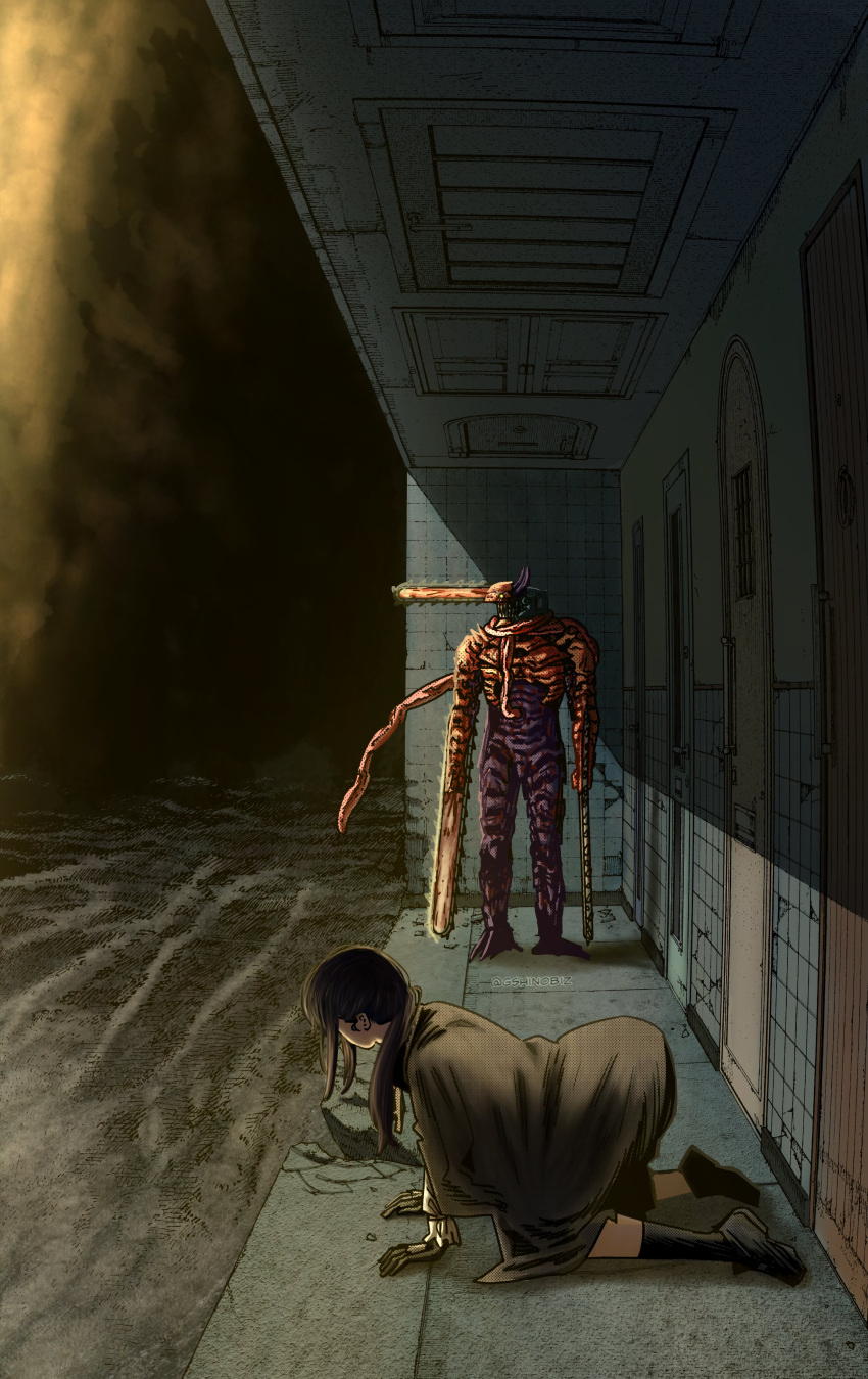 absurdres, black_cape, black_dress, black_hair, blood, blood_on_weapon, cape, chainsaw_man, commentary, dark_ambience, demon_horns, denji_(chainsaw_man), denji_man_(chainsaw_man), door, dress, english_commentary, gshinobiz, highres, horns, intestine_clothing, kneeling, looking_ahead, looking_to_the_side, ocean, organs, weapon, yoru_(chainsaw_man)