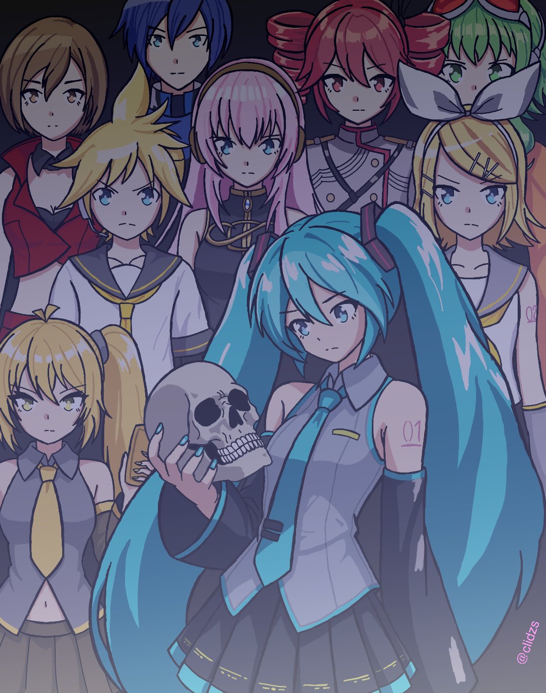 2boys, 6+girls, akita_neru, black_dress, black_sailor_collar, black_skirt, black_sleeves, blonde_hair, blue_eyes, blue_hair, blue_necktie, bow_hairband, brown_eyes, brown_hair, clidzs, commentary, crop_top, cropped_shirt, detached_collar, detached_sleeves, dress, drill_hair, english_commentary, frown, goggles, goggles_on_head, green_hair, grey_sailor_collar, grey_shirt, gumi, hairband, hatsune_miku, headphones, highres, holding, holding_skull, invincible_(series), kagamine_len, kagamine_rin, kaito, kaito_(vocaloid), kasane_teto, kasane_teto_(sv), long_sleeves, medium_hair, megurine_luka, meiko, meiko_(vocaloid), meiko_(vocaloid3), meme, midriff, midriff_peek, miniskirt, multiple_boys, multiple_girls, navel, neckerchief, necktie, number_tattoo, pink_hair, pleated_skirt, red_eyes, red_hair, red_shirt, sailor_collar, shirt, short_hair, side_ponytail, skirt, skull, sleeveless, sleeveless_dress, sleeveless_shirt, synthesizer_v, tattoo, twin_drills, twintails, twitter_username, utau, v-shaped_eyebrows, viltrumite_group_shot_(meme), vocaloid, white_hairband, white_shirt, wide_sleeves, yellow_neckerchief, yellow_necktie