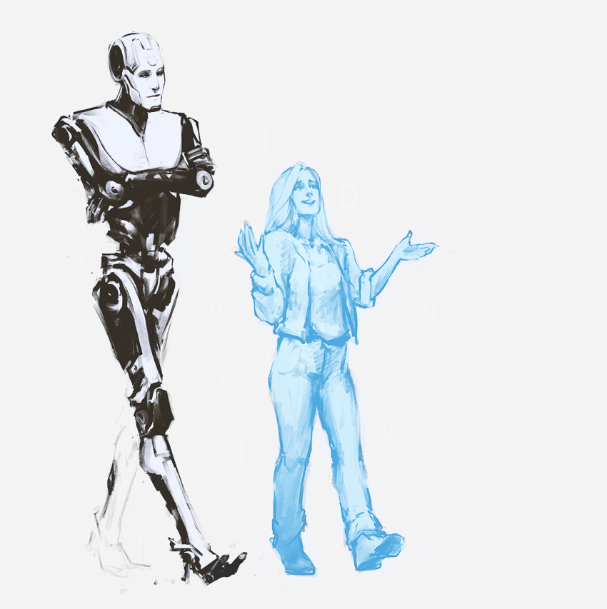 1girl, 1other, :d, alexandra_drennan, athena_(the_talos_principle), boots, commentary, crossed_arms