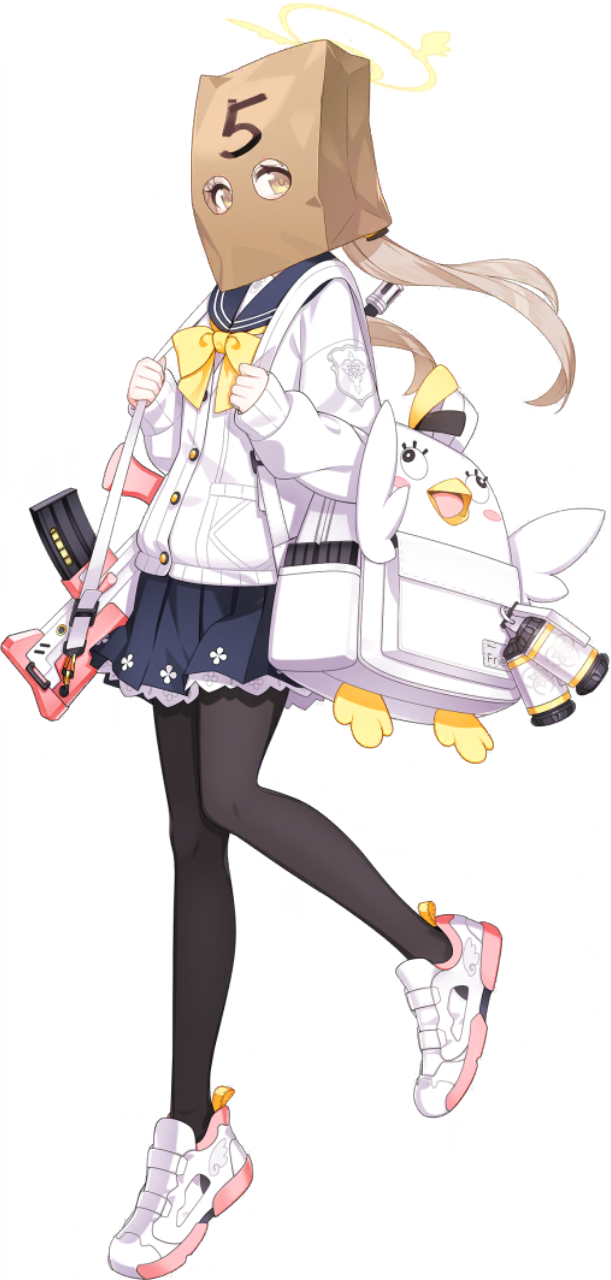 1girl, assault_rifle, backpack, bag, bag_over_head, black_pantyhose, blonde_hair, blue_archive