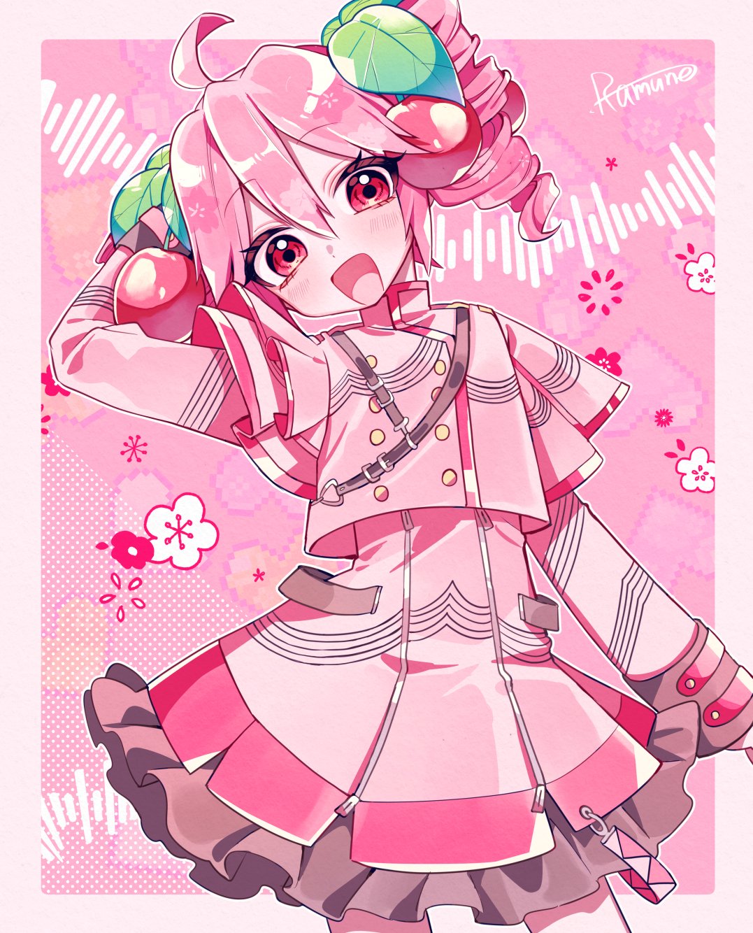 1girl, alternate_hair_color, cherry_blossoms, cherry_hair_ornament, commentary_request, drill_hair, flower, food-themed_hair_ornament
