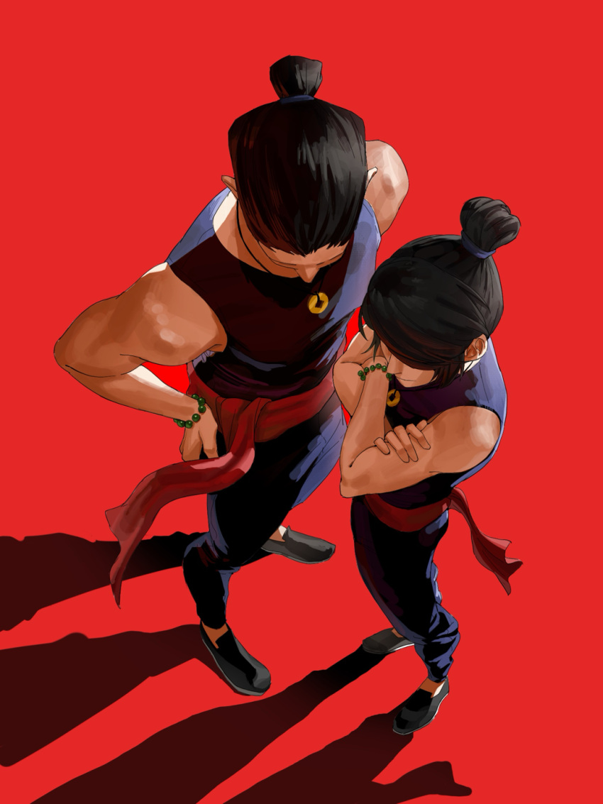 1boy, 1girl, aranace, bare_shoulders, bead_bracelet, beads, black_hair, blue_pants