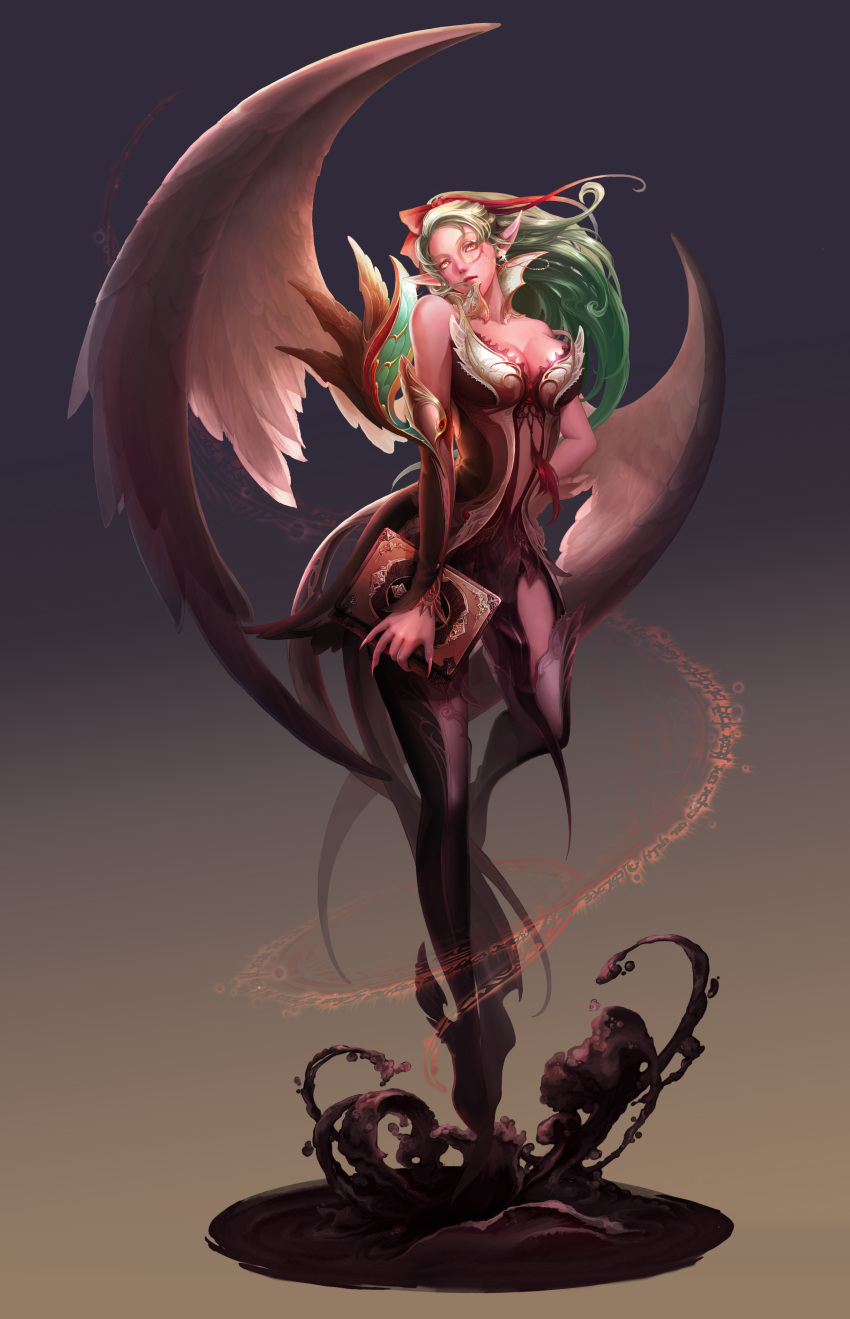 absurdres, aion, angel_wings, asmodian, book, breasts, cleavage, detached_sleeves