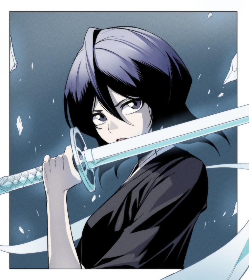 1girl, absurdres, black_kimono, bleach, border, commentary, double-parted_bangs, fighting_stance