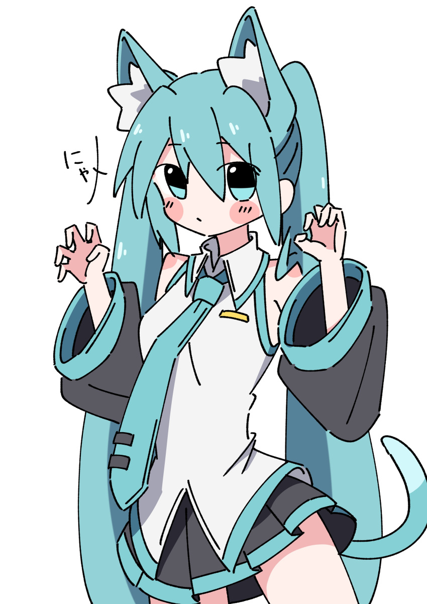 1girl, absurdres, animal_ear_fluff, animal_ears, aqua_eyes, aqua_hair, aqua_necktie, bare_shoulders, black_skirt, blush_stickers, breasts, cat_ears, cat_girl, cat_tail, claw_pose, collared_shirt, commentary_request, detached_sleeves, expressionless, grey_shirt, hair_between_eyes, hands_up, hatsune_miku, highres, kemonomimi_mode, long_hair, long_sleeves, looking_at_viewer, medium_breasts, naru_wassaa0, necktie, pleated_skirt, shirt, simple_background, skirt, tail, tie_clip, very_long_hair, vocaloid, white_background