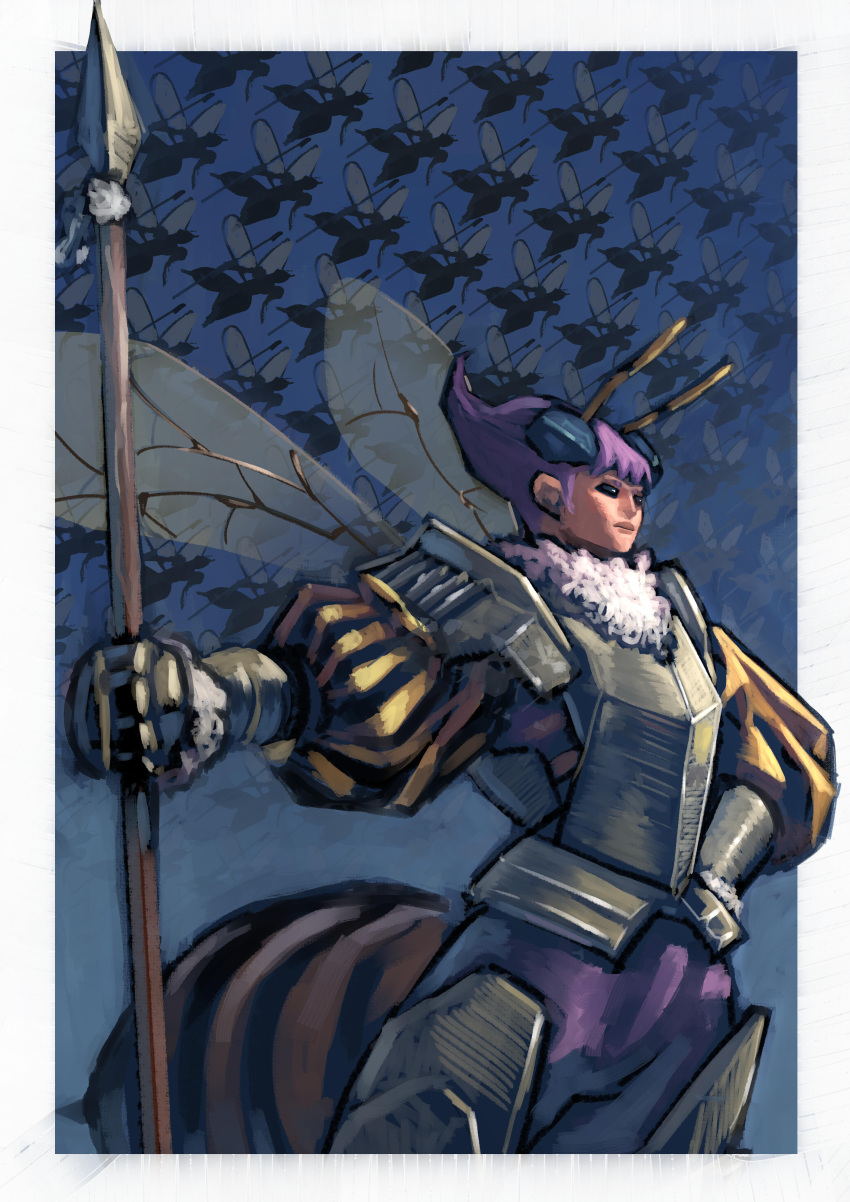 1girl, absurdres, aircraft, animal, antennae, armor, arthropod_girl, blue_background, boobplate, border, breastplate, bug, calli_giovanninni, carapace, cowboy_shot, darkstalkers, dragonfly, faulds, fur_collar, gauntlets, hand_on_own_hip, highres, holding, holding_polearm, holding_weapon, insect_wings, lance, medieval, monster_girl, pauldrons, polearm, puffy_sleeves, purple_hair, q-bee, short_hair, shoulder_armor, solo, spear, standing, taur, vambraces, weapon, white_border, wings