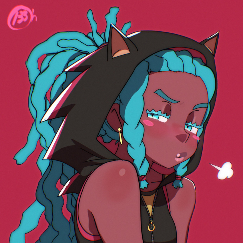 1girl, adapted_costume, alternate_hairstyle, alternate_skin_color, bare_shoulders, black_jacket, blue_eyes, blue_hair