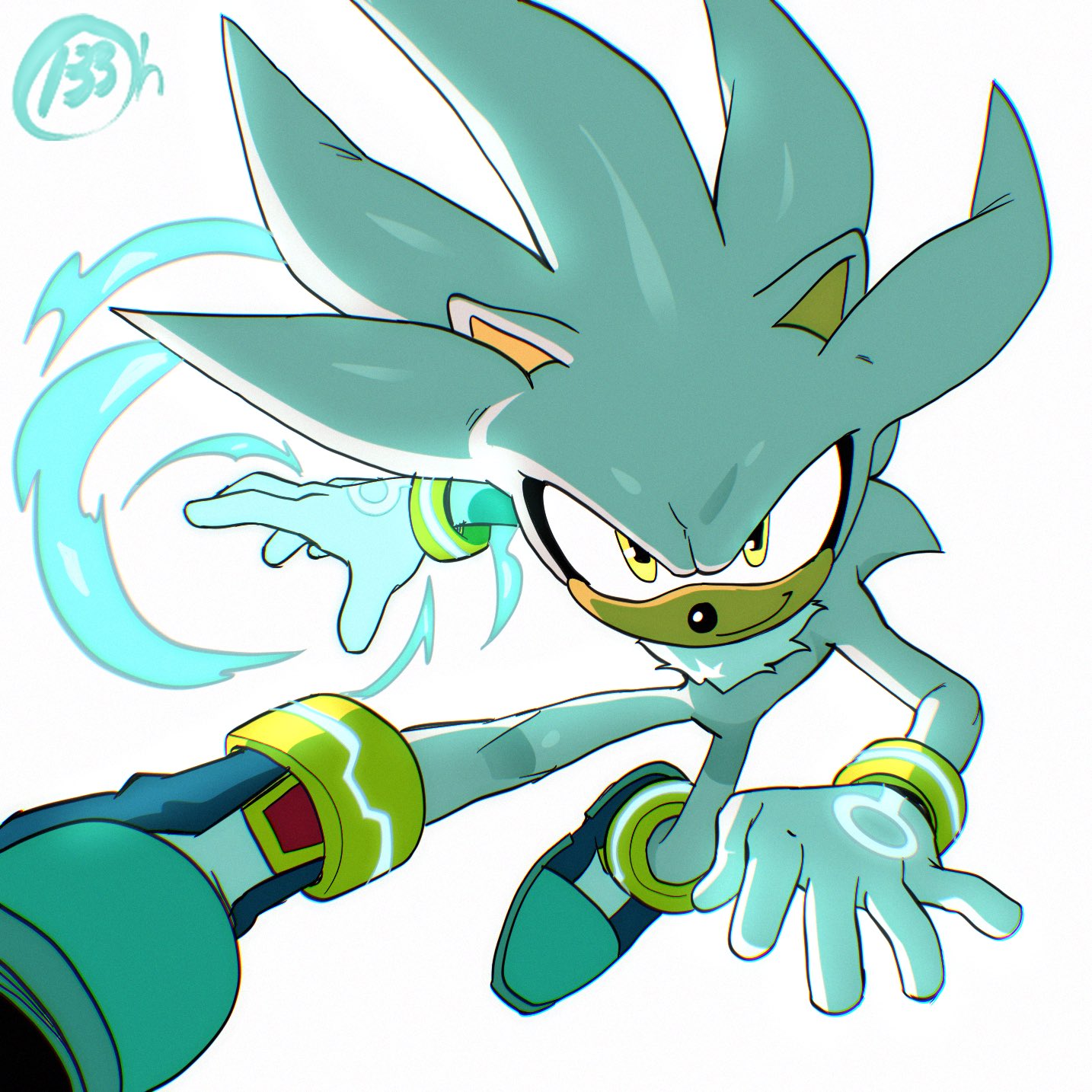 1boy, animal_ears, animal_nose, body_fur, boots, commentary, dynamic_pose, english_commentary, furry, furry_male, gloves, hedgehog_boy, highres, l33oh, looking_at_viewer, male_focus, silver_the_hedgehog, simple_background, smile, solo, sonic_(series), tail, white_background, white_gloves, yellow_eyes