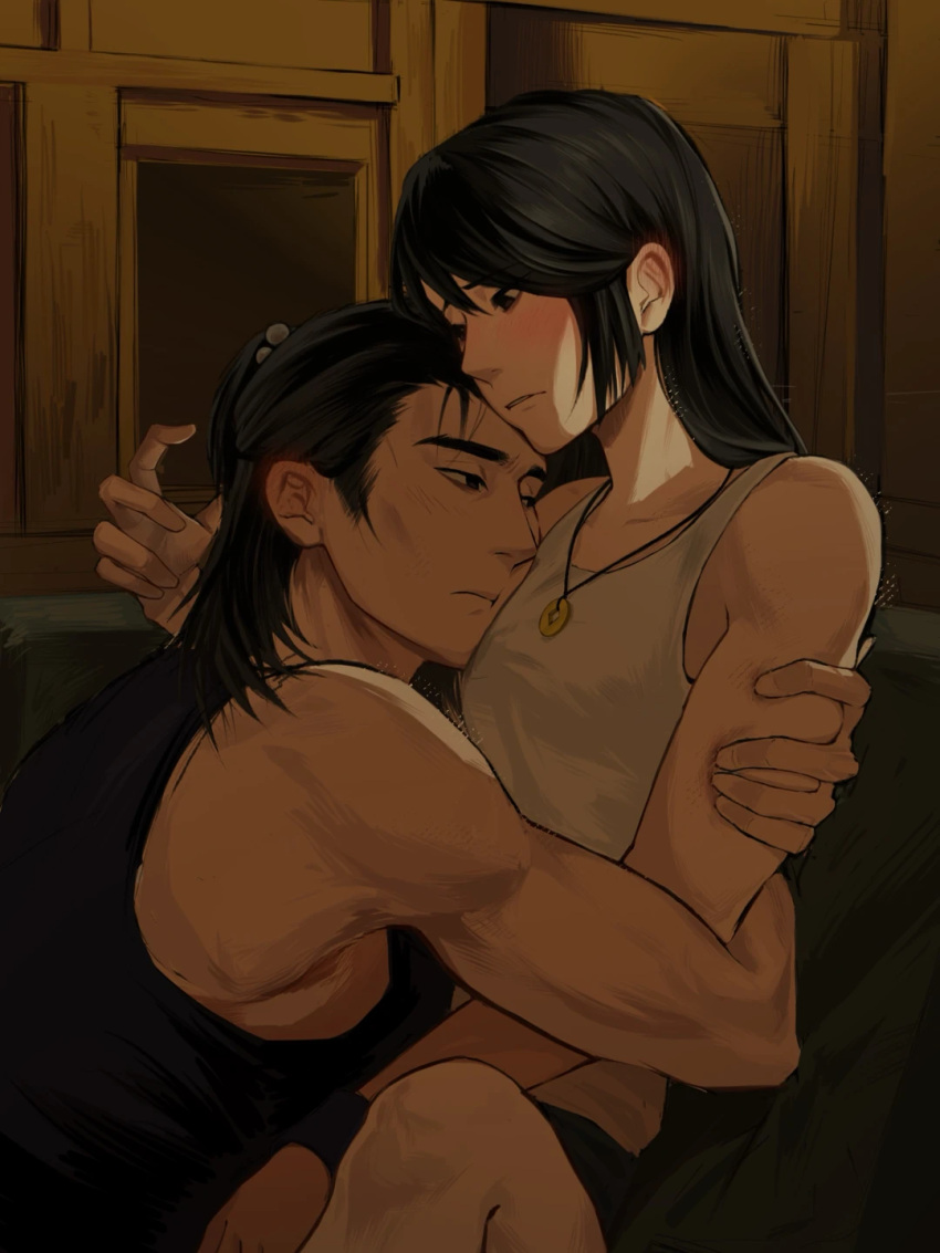 1boy, 1girl, aranace, black_eyes, black_hair, black_tank_top, blush, chinese_commentary