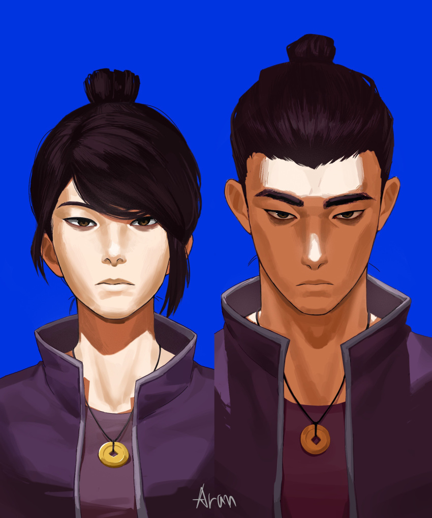 1boy, 1girl, aranace, bags_under_eyes, black_eyes, black_hair, blue_background, blue_shirt