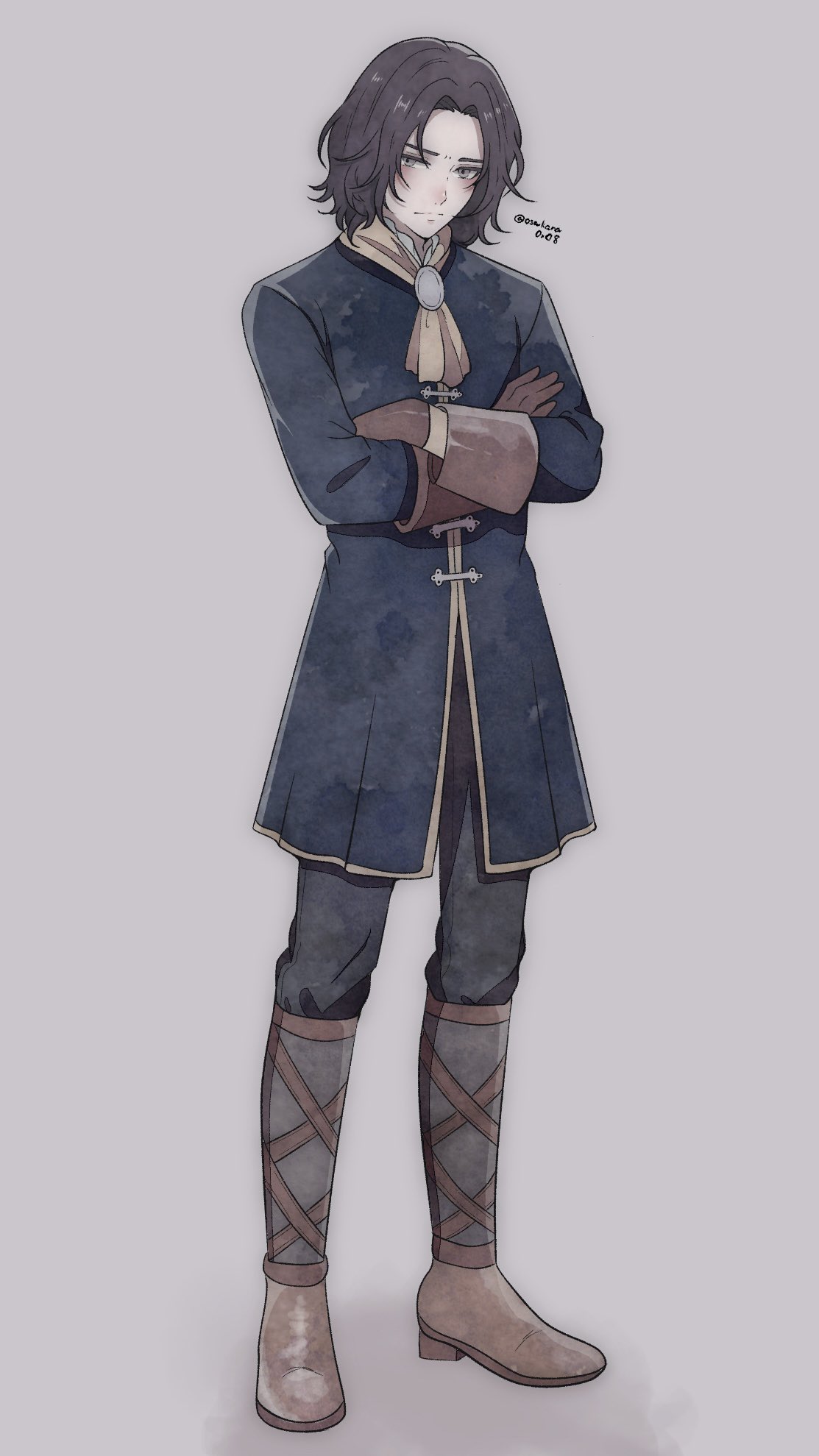 1boy, ascot, black_pants, blue_coat, blush, brown_gloves, brown_hair, brown_shoes