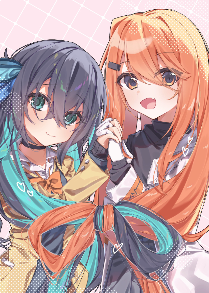 2girls, a.i._voice, absurdres, adachi_rei, alternate_hair_length_(longer), aqua_eyes, aqua_hair, black_hair
