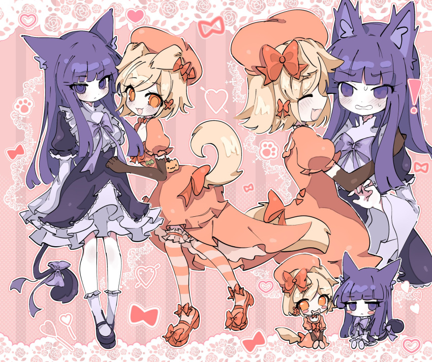 2girls, angry, animal_ears, beret, bib_collar, blonde_hair, blue_eyes, blue_hair