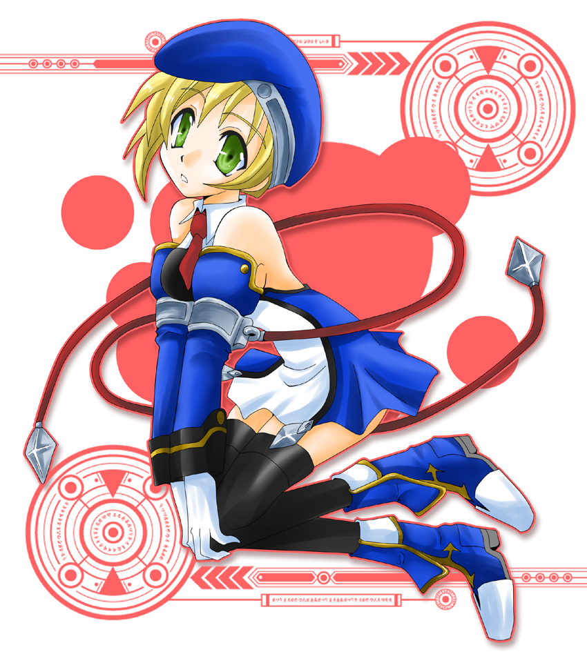 bare_shoulders, beret, blazblue, blonde_hair, detached_sleeves, female, gloves, green_eyes, hat, high_heels, miniskirt, necktie, noel_vermillion, short_hair, skirt, solo, takanon_(pixiv259581), thigh-highs