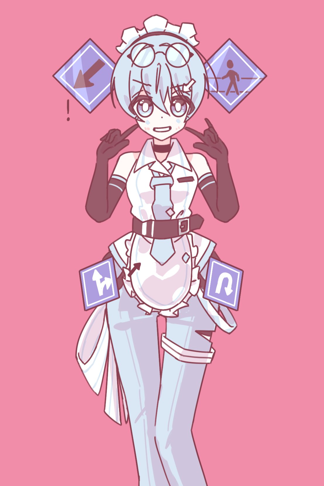 !, 1girl, apron, arrow_(symbol), bare_shoulders, barser, belt, belt_buckle