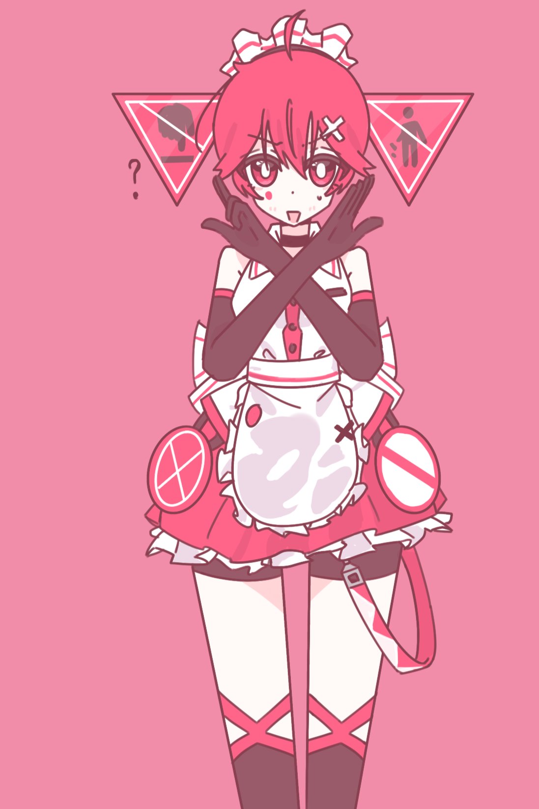 1girl, ?, ahoge, apron, barser, belt, bike_shorts, black_choker