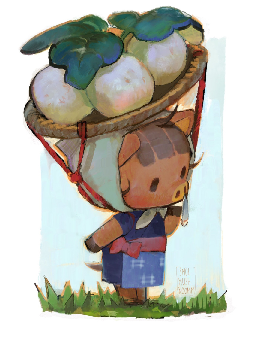 1girl, animal_crossing, animal_ears, apron, arm_at_side, artist_name, basket, black_eyes