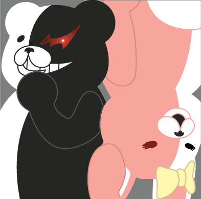 bear, danganronpa_(series), danganronpa_2:_goodbye_despair, frayed-symphony, grey_background, lowres, monokuma, monomi_(danganronpa)