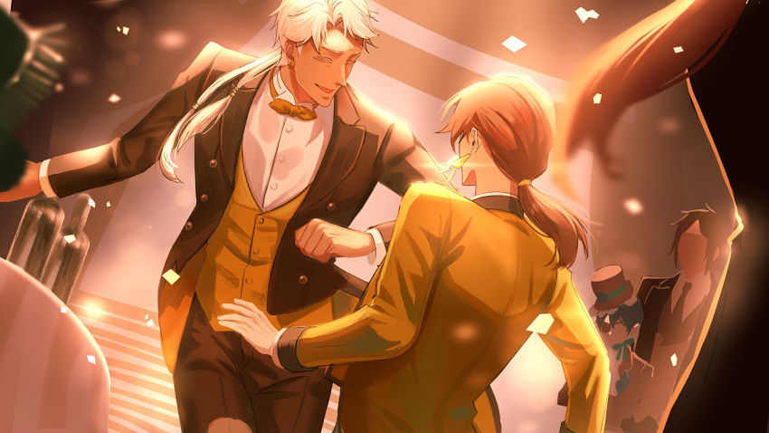 4boys, agni_(kuroshitsuji), black_coat, blurry, blurry_foreground, buttons, ciel_phantomhive, closed_eyes