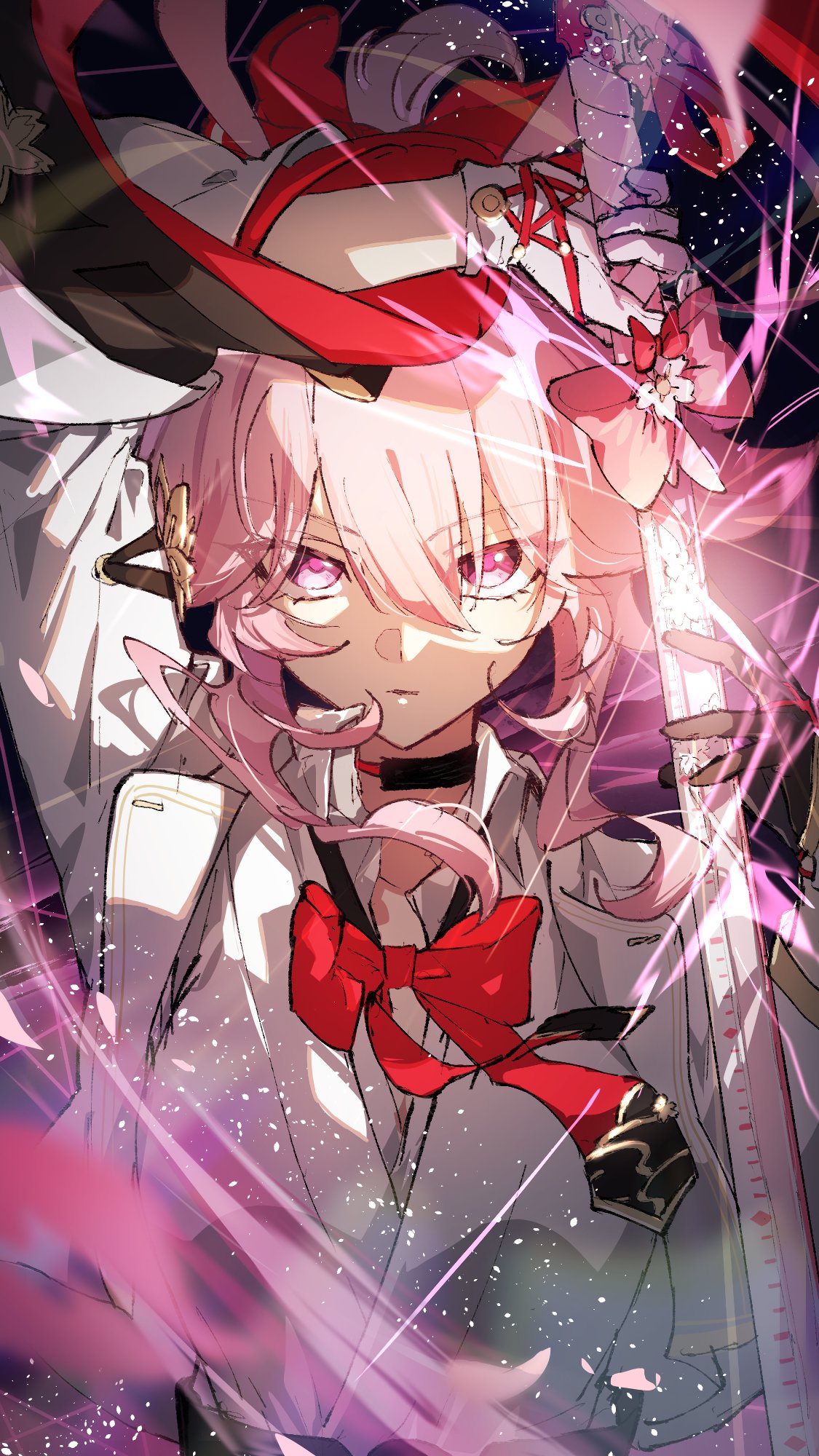 aktkskr, animal_ears, aura, collar, commentary_request, evanescia_(honkai:_star_rail), gloves, hair_ribbon, highres, holding, holding_sword, holding_weapon, honkai:_star_rail, honkai_(series), jacket, looking_at_viewer, open_clothes, open_jacket, pink_eyes, pink_hair, rabbit_ears, ribbon, sword, weapon