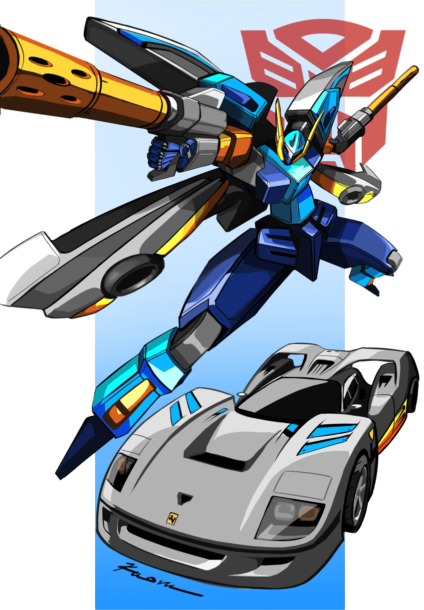 absurdres, assault_visor, autobot, blurr_(transformers), car, dual_wielding, english_commentary, ferrari