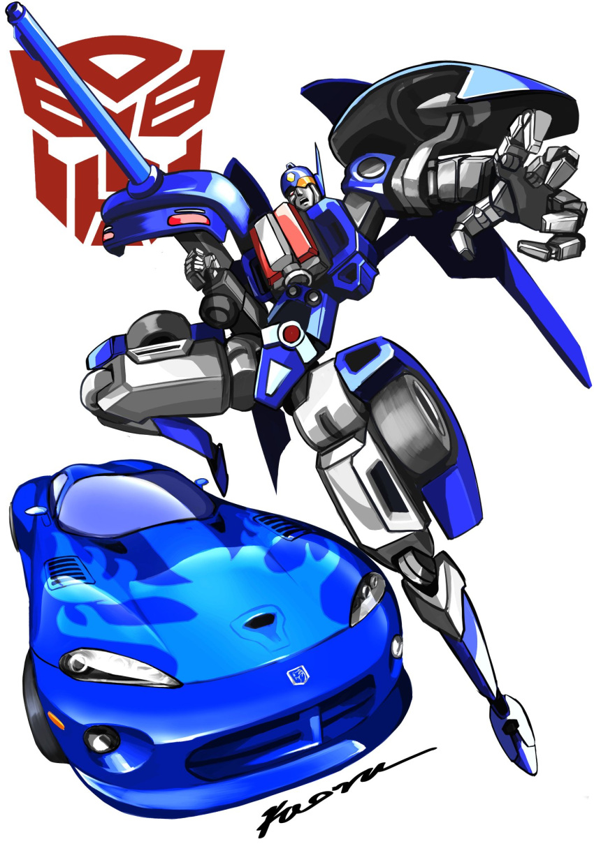 autobot, blue_car, car, commentary_request, dodge_(company), dodge_viper, english_commentary, gun, highres, holding, holding_gun, holding_weapon, mecha, mecha_focus, mixed-language_commentary, moonshine_pizza, motor_vehicle, open_hand, open_mouth, robot, side_burn_(transformers), signature, transformers, transformers:_car_robots, weapon, white_background, yellow_eyes