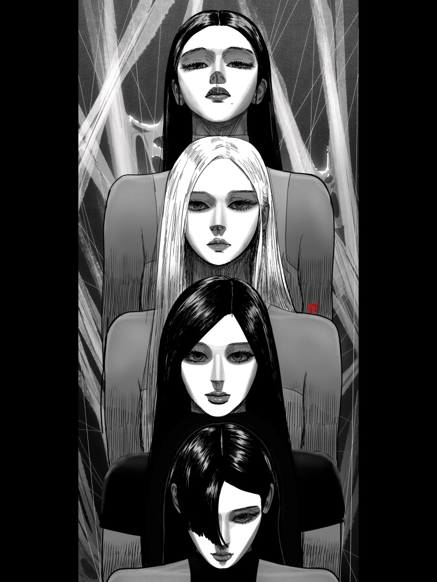4girls, absurdres, aespa, dress, expressionless, giselle_(aespa), hair_behind_ear, hair_over_one_eye