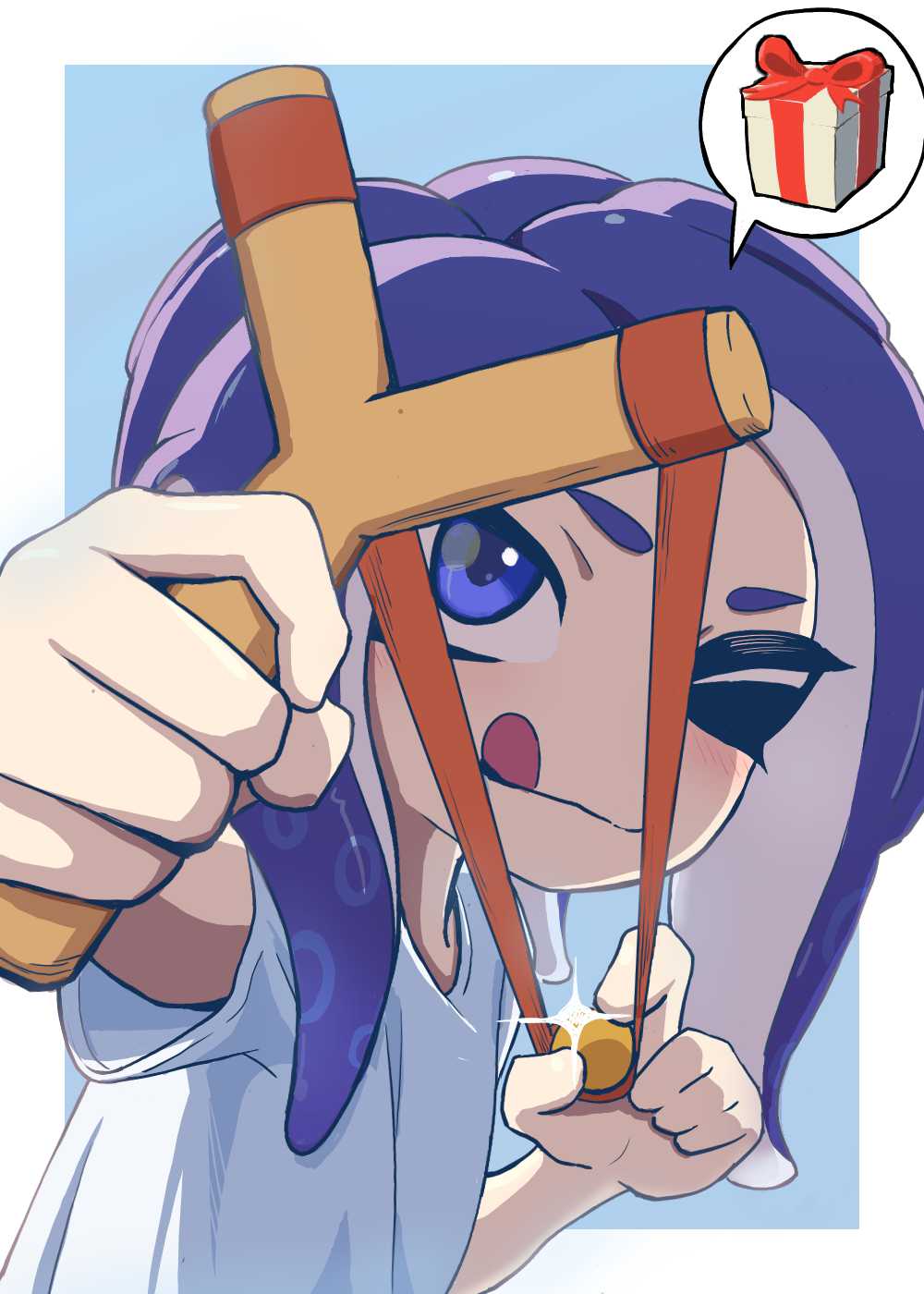 1girl, :q, blue_background, blue_eyes, blue_hair, border, box, commentary_request