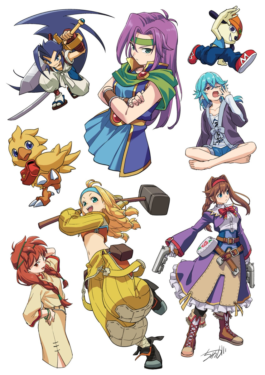 2boys, 5girls, ahoge, aqua_eyes, bag, baggy_pants, beanie, belt