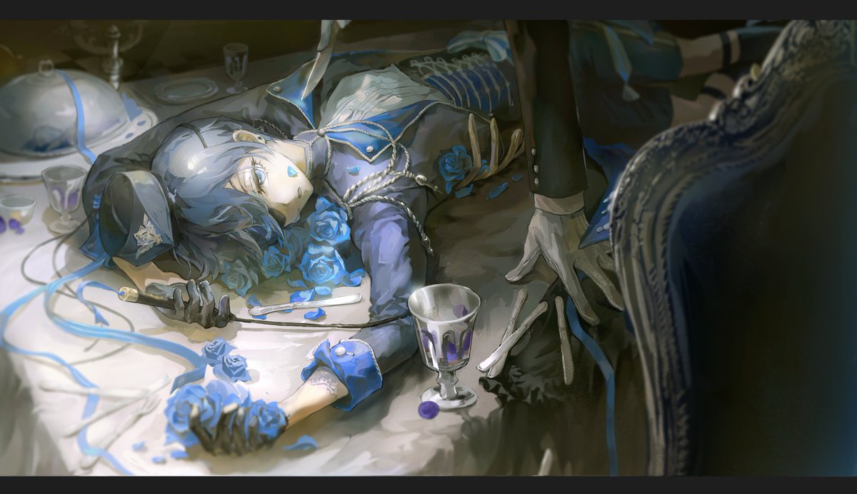 2boys, blue_flower, blue_hair, blue_petals, blue_rose, buttons, ciel_phantomhive, commentary_request