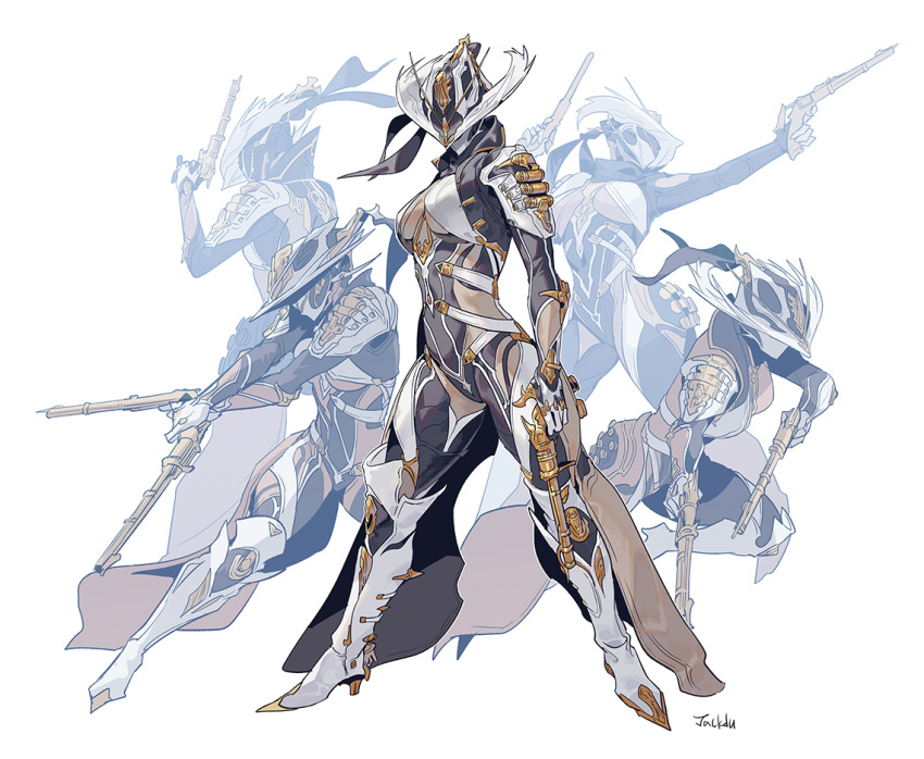 1girl, afterimage, artist_name, breasts, byuub, commentary, cowboy_hat, dual_wielding, exalted_weapon_(warframe), gun, handgun, hat, holding, holding_gun, holding_weapon, humanoid_robot, large_breasts, mesa_(warframe), mesa_prime_(warframe), prime_warframe, revolver, robot, science_fiction, signature, simple_background, warframe, weapon, white_background