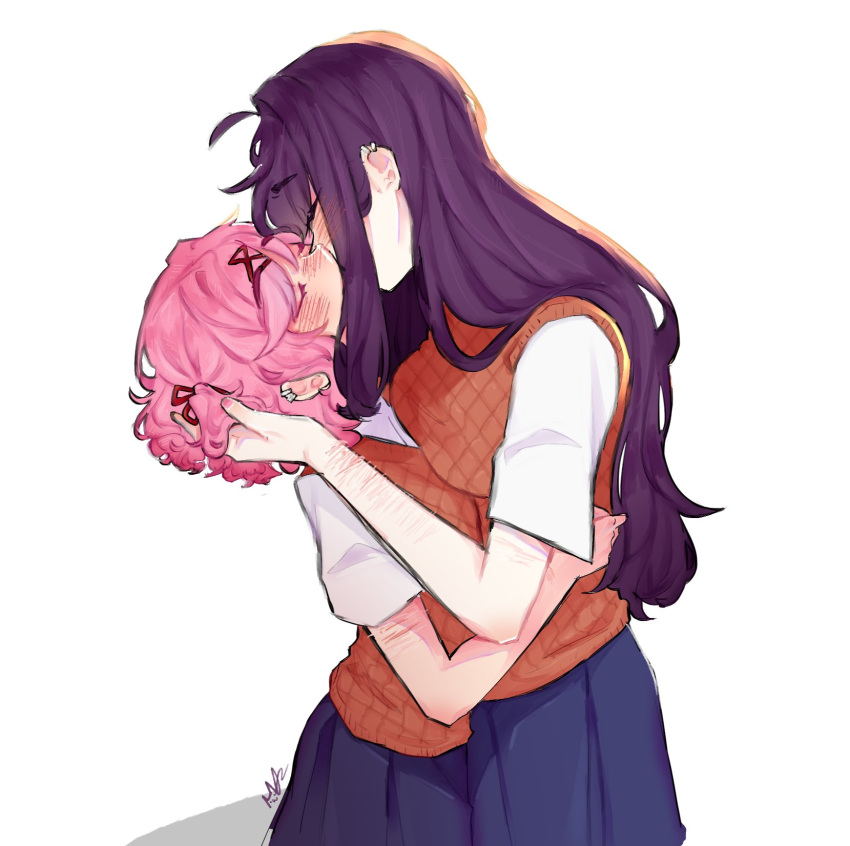 2girls, blue_skirt, brown_sweater_vest, commentary, doki_doki_literature_club, english_commentary, highres, kiss