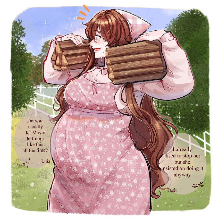 1girl, bandana, blush, breasts, brown_hair, clouds, dress, english_commentary, english_text, geloz_bc, green_eyes, highres, holding, jack_howl, lilia_vanrouge, long_hair, medium_breasts, notice_lines, open_mouth, original, pink_bandana, pink_dress, pink_shirt, plaid_bandana, pregnant, shirt, sky, smile, sparkle, tre, twisted_wonderland, very_long_hair