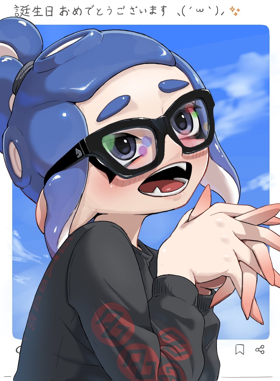 1girl, black-framed_eyewear, black_sweater, blush, commentary_request, fangs, glasses, grey_eyes
