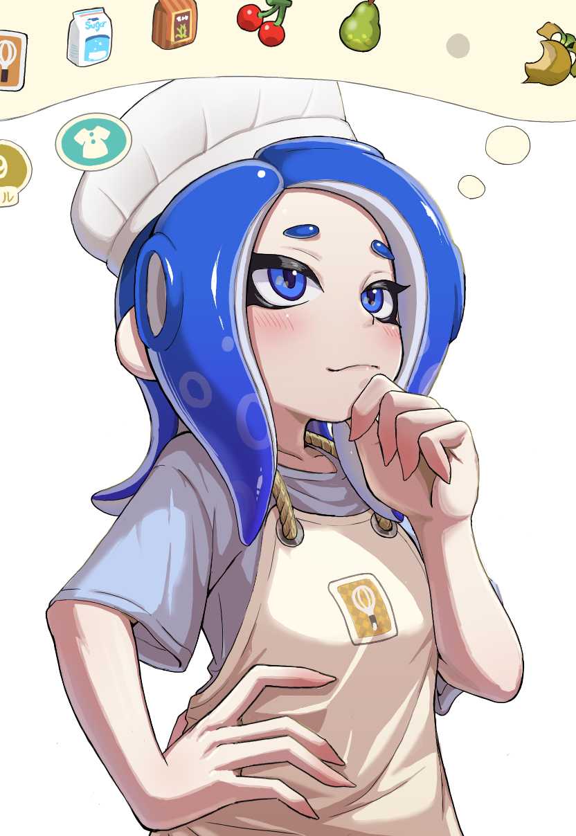 1girl, apron, blue_eyes, blue_hair, blue_shirt, blush, chef_hat, cherry