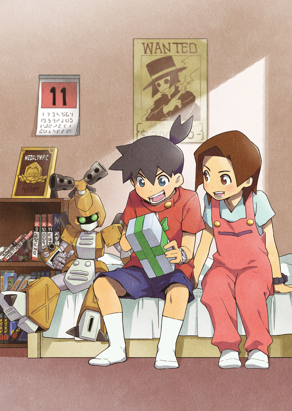 1boy, 1girl, amazake_arika, bed, bedroom, black_hair, blue_eyes, blue_shorts