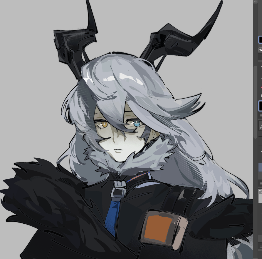 1girl, art_program_in_frame, black_coat, black_horns, blue_eyes, closed_mouth, coat, fur-trimmed_coat
