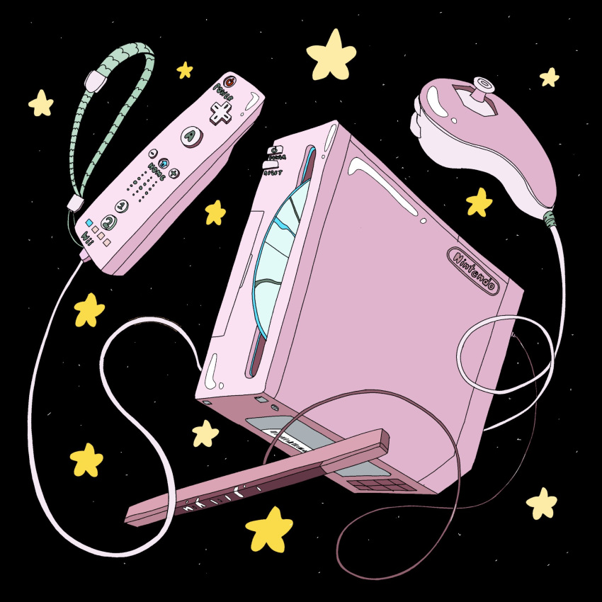 black_background, commentary, controller, dvd_(object), english_commentary, game_console, game_controller, guppiesz, highres, nintendo, no_humans, nunchuk_(wii), object_focus, star_(symbol), still_life, wii, wii_remote