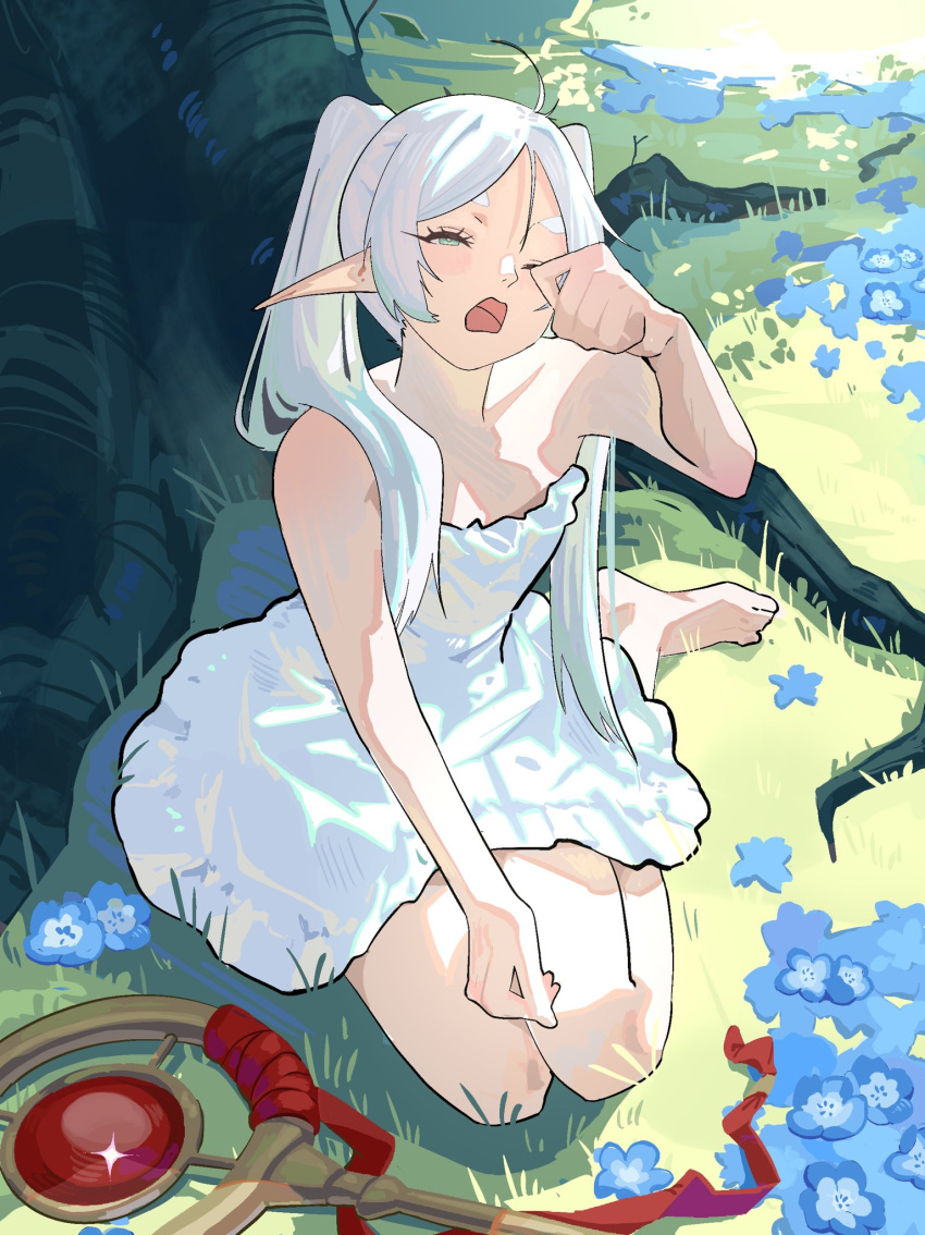 1girl, barefoot, blue_flower, day, dress, elf, flat_chest, flower