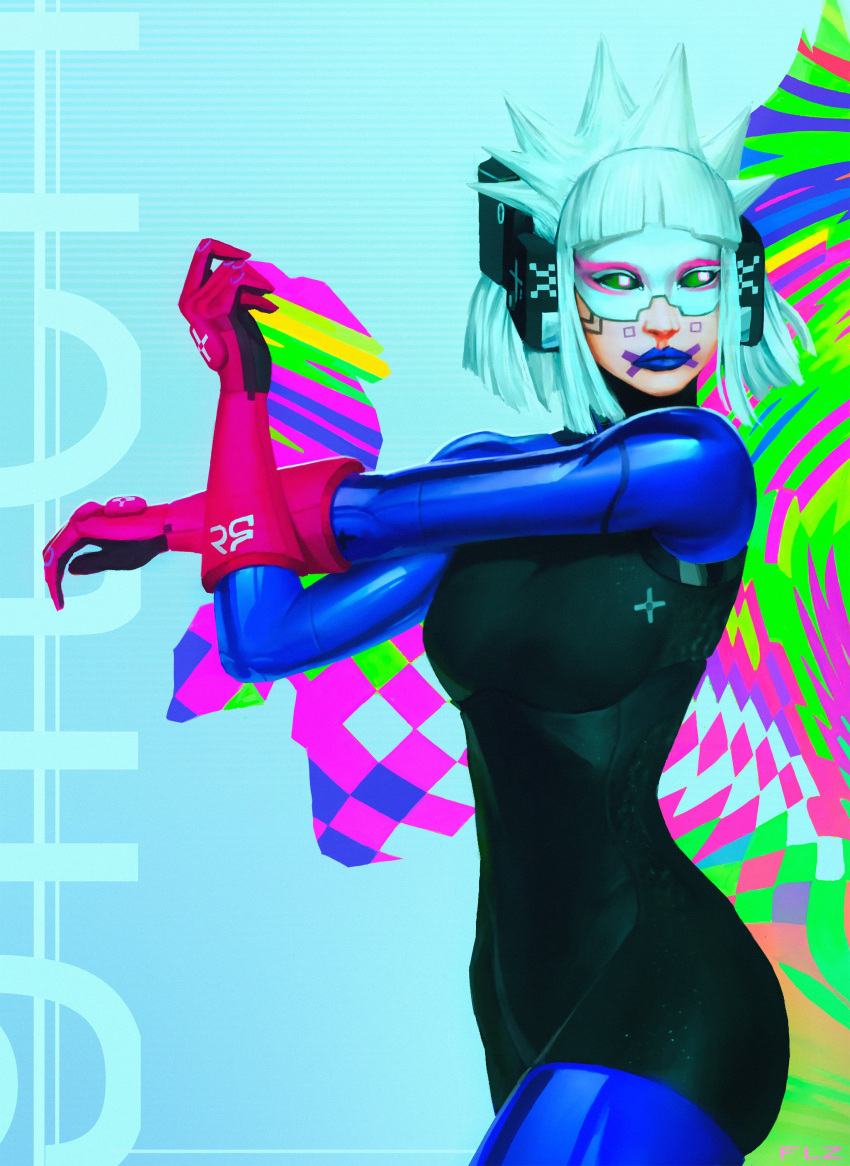 1girl, absurdres, android, black_bodysuit, blue_bodysuit, blue_lips, bodysuit, commentary