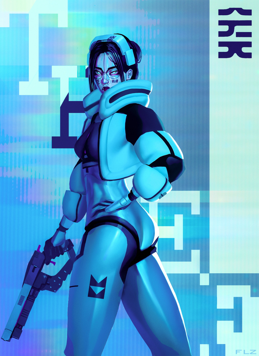 1girl, absurdres, android, black_hair, commentary, cowboy_shot, cropped_jacket, english_commentary