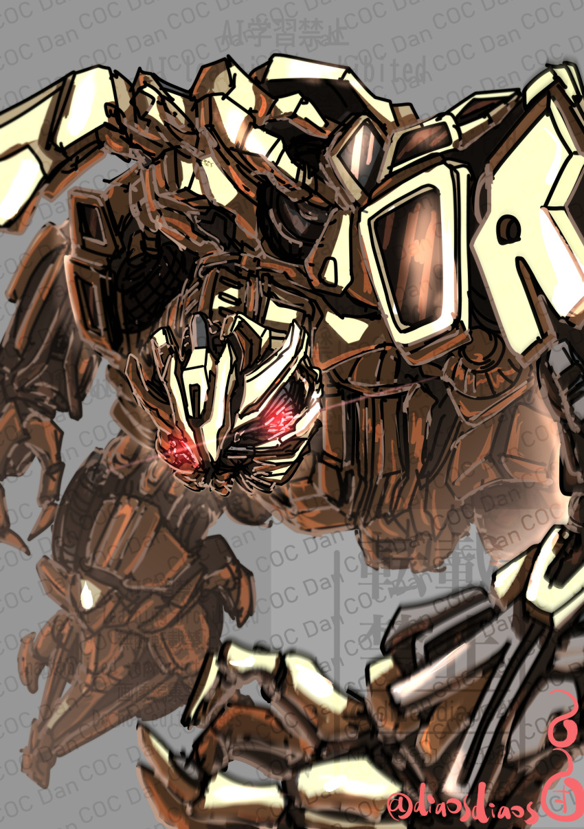 bonecrusher, commentary_request, decepticon, diaosdiaos4, extra_eyes, highres, looking_down, mecha