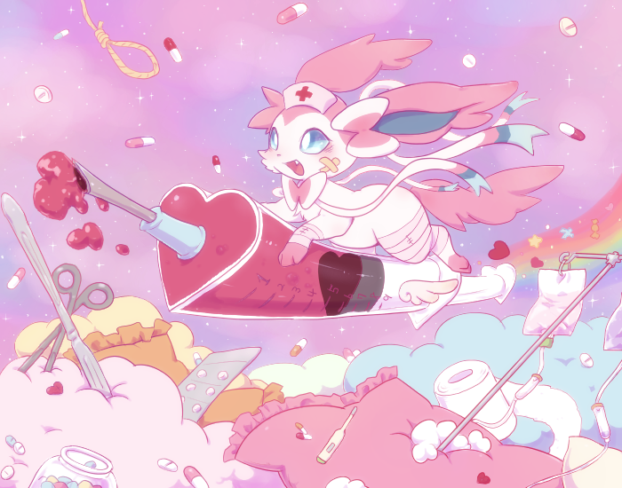 bandages, blue_sclera, colored_sclera, colorful, colorful_clouds, intravenous_drip, needle, noose, pastel_colors, pill, pokemon, pokemon_(creature), purple_sky, pyon_ko, rainbow, scissors, sky, sylveon, thermometer, yami_kawaii, yume_kawaii